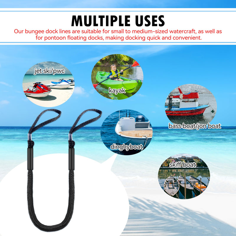 Marine Bungee Dock Lines for Boat 4-Pack, Braided Rope with Loops, Boat Tie Down for Dock, (4ft Black)