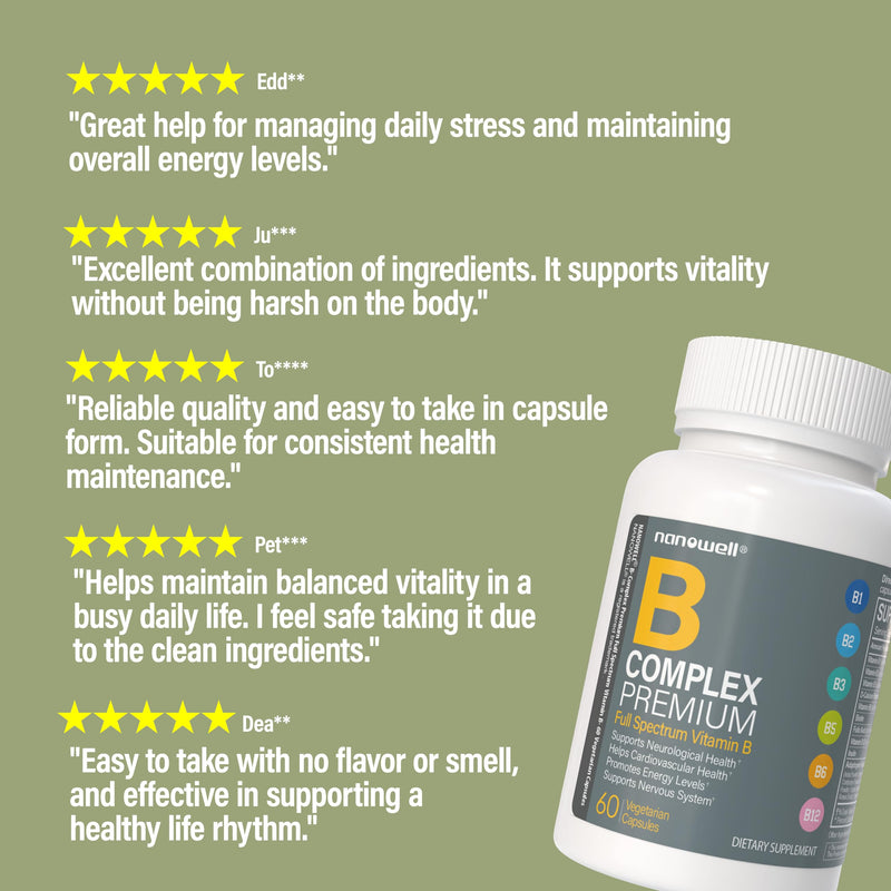 NANOWELL B Complex Premium - Full Spectrum of B Vitamins for Energy, Heart & Immune Support - B-Complex Supplement with Adaptogens - 60 Capsules, 60-Day Supply