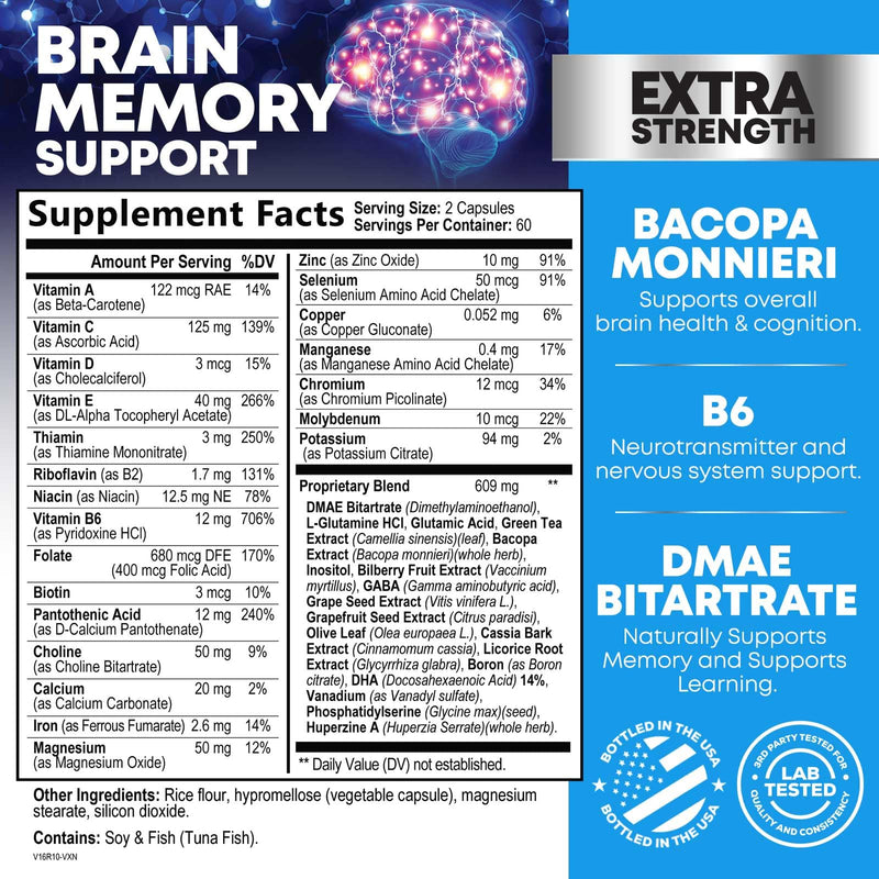 Brain Memory Supplement Pills - 3X Strength Nootropics for Concentration, Clarity & Focus Support - Brain Health Cognitive Vitamins with Bacopa, Phosphatidylserine & DMAE, Brain Booster - 120 Capsules 120 Count (Pack of 1)