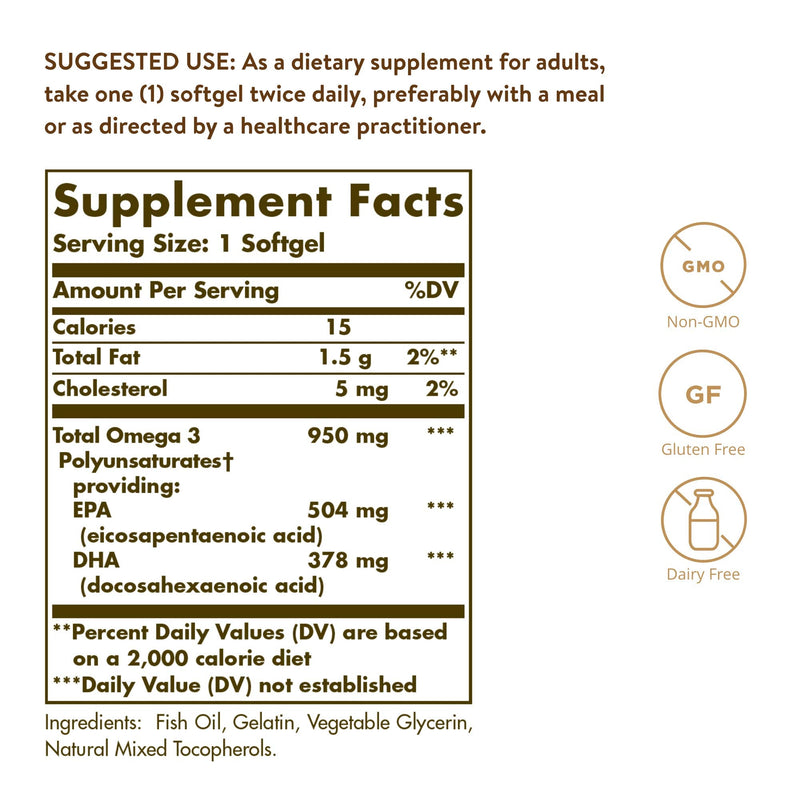 Solgar Triple Strength Omega-3 950 mg, 100 Softgels - Supports Cardiovascular, Joint & Skin Health - Heart Healthy Supplement - Essential Fatty Acids - Non GMO, Gluten Free, Dairy Free - 100 Count