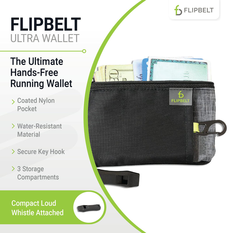 FlipBelt Ultra Wallet – Zippered Running Wallet with Safety Whistle, Exercise Wallet, Black Heather, USA Company