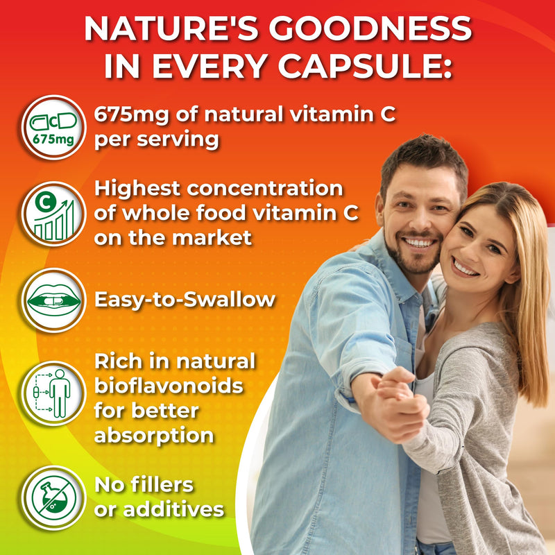 Whole Food Vitamin C Complex - 1450mg Organic Berries - 675 mg Vitamin C per Serving, High-Potency Antioxidant & Immune Support with Acerola, Amla and Natural Bioflavonoids - Vegan, Non-GMO, 120 Count Organic Vitamin C Capsule 675mg - 120 ct