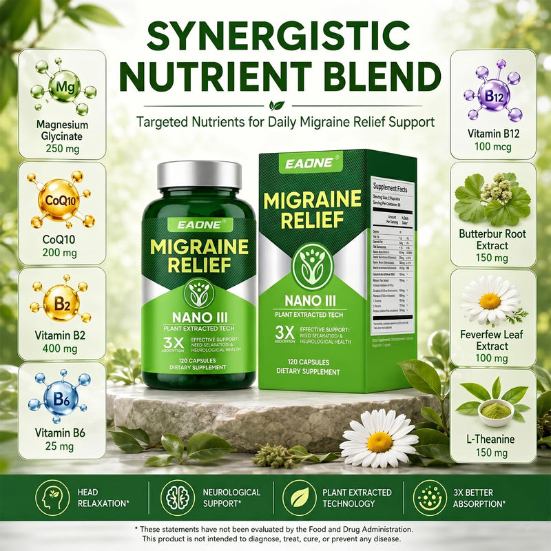 Headache Comfort Supplement, Natural Cranial Relaxation Formula with Magnesium Glycinate, CoQ10, Riboflavin Vitamin B2, B6 & B12, Supports Daily Neurological Balance and Mental Clarity, 120 Capsules