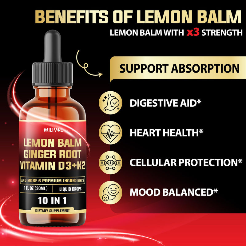 10in1 Lemon Balm Tincture - 3300mg Lemon Balm Leaf Extract Liquid Drops with Ginger Root, Turmeric Liquid, Ceylon Cinnamon, Vitamin D3, K2-1Fl Oz - 60 Servings