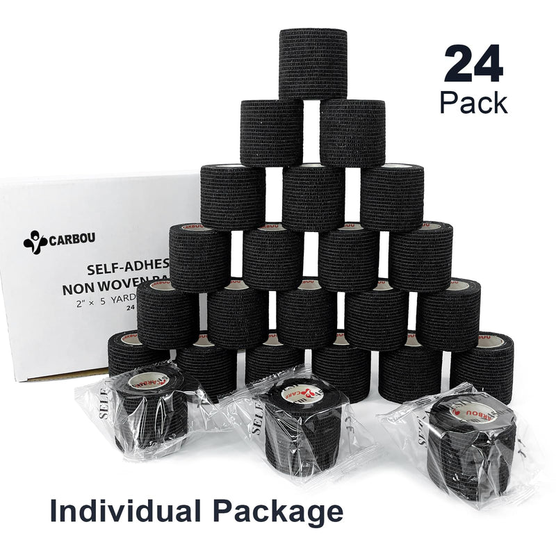 [24Pack 2" x5 Yards] Carbou-Self Adhesive Bandages Sports Wrap, Athletic Elastic Cohesive Bandage for Sports, Injuries, Treatments, and Recovery, First Aid Tape Vet Wrap for Cat, Dog Black 24 Count (Pack of 1) - BeesActive Australia