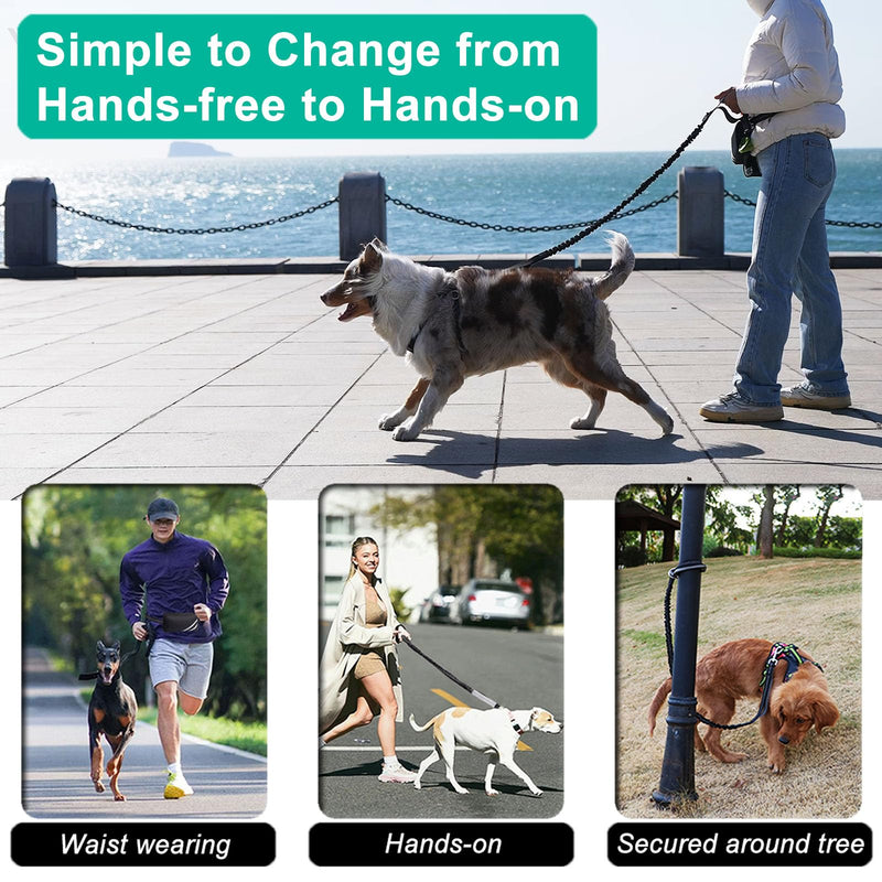 Hands Free Dog Leash with Pouch, Waist Leash for Dog Walking with Water Bottle Holder, Reflective Stitching, Dual Handle, Bungee Retractable Running Medium to Large Black 25-120 lbs Black- With Water Bottle Holder For 1 Dog