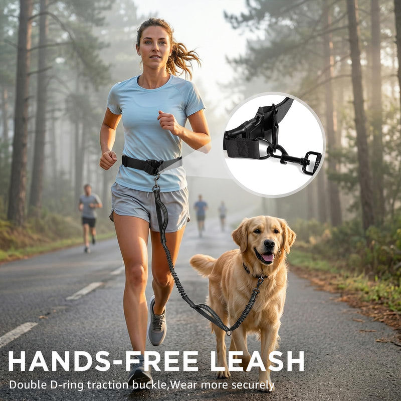 Hands Free Dog Leash with Waist Pack Featuring 2 Metal Clips - Adjustable Leash with Reflective Stitching and Shock Absorbing Design for Walking, Jogging, Hiking, Running and Training Pets