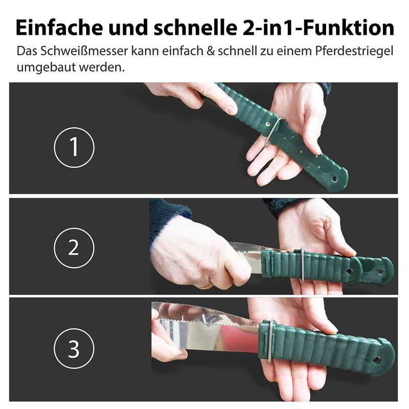 Welding knife for horses - 2-fold function, ideal metal curry comb for removing sweat, water & spikes for cleaning dirt and loose hair for grooming (sweating knife, dark green handle) Welding knife, dark green handle - BeesActive Australia