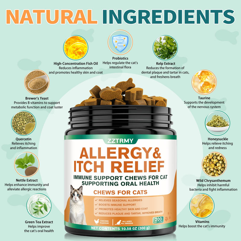 Cat Allergy Relief Chews,Itchy Skin,Paw Licking,Seasonal Allergies Relief, with Omega 3,Probiotics,Green Tea Extract,Boost Immunity,Skin Coat Health,Maintain Oral Health, Allergy Relief for Cat 200 pcs