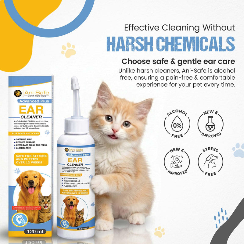 Ani-Safe Dog and Cat Ear Drops, 120ml, Alcohol-Free Cleanser, Aloe Vera Formula, with Flexible Silicone Nozzle, wax, head shaking