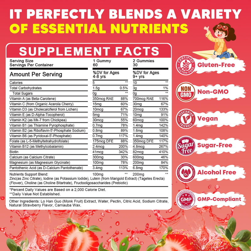 (2 Pack) Sugar Free Calcium Multivitamin Gummies for Kids with Methyl B12 & Methylfolate, Calcium, Vitamins C, D, A, B1, B2, B6, Biotin, Magnesium - Nutritional, Immune, Bone Support, 120 Ct 60 Count (Pack of 2)