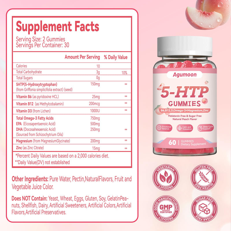 5HTP Gummies with Vitamin D3,B6,B12,Zinc,Omega-3,Magnesium Glycinate | Serotonin supplement for Adults & Kids,Relaxation Gummies for Sleep Support,Brain & Muscle Health,Peach Flavor