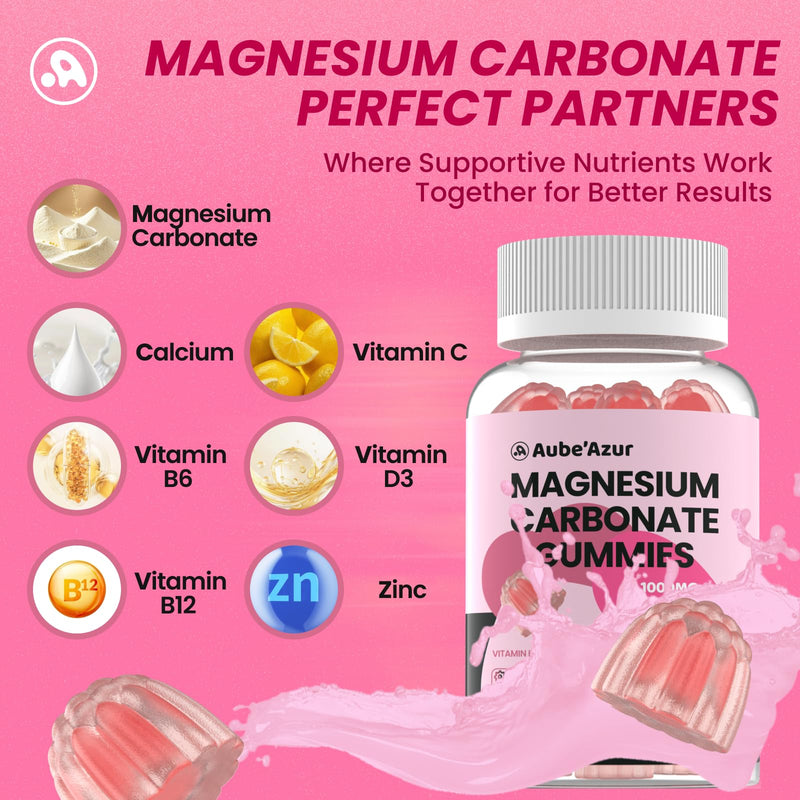 Magnesium Carbonate Gummies 500mg, Muscle & Digestive, Women & Men, 60 Ct | With Calcium, Vitamin C, B6, B12, D3, Zinc. Sugar Free, Peach Flavor. Vegan, Non-GMO, Gluten-Free