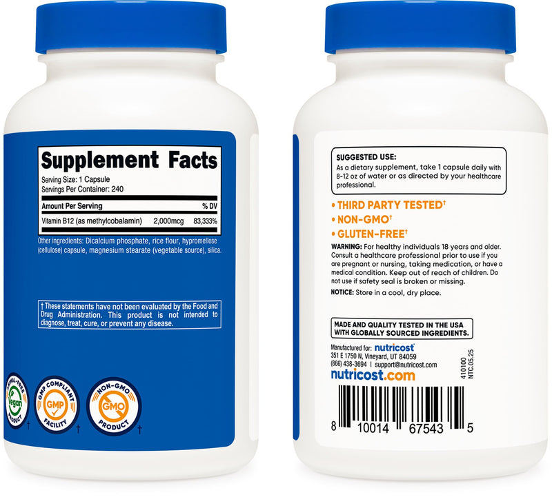 Nutricost Vitamin B12 (Methylcobalamin) 2000mcg, 240 Capsules - Vegetarian Caps, Non-GMO, Gluten Free B12 Supplement (Pack of 2) 240 Count (Pack of 2)