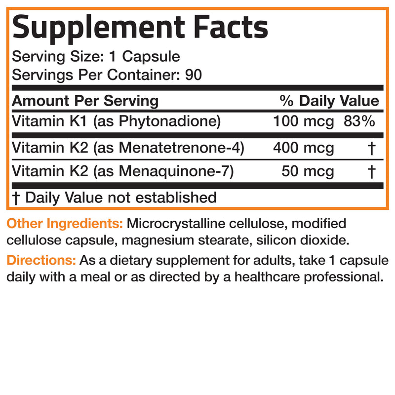 Bronson Vitamin K Triple Play Full Spectrum K1 & K2 MK-4/MK-7, 90 Capsules | 550 mcg Total Vitamin K: 100 mcg K1 + 450 mcg K2, Strong Bone Support, Non-GMO & Gluten-Free Unflavored 90 Count (Pack of 1)