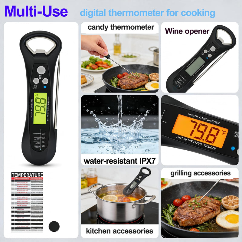 Instant Read Meat Thermometer for Cooking – Waterproof Digital Food Thermometer with Backlit LCD, Long Probe, Fast Accurate Kitchen Thermometer for BBQ, Grill, Candy & Oil (°C/°F) - BeesActive Australia