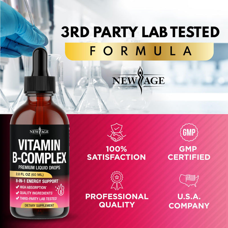 NEW AGE Vitamin B-Complex B5 Pantothenic Acid | B12 Methylcobalamin | B1 Thiamine | B6 Pyridoxine | B7 Biotin | B9 Folic | B3 Niacinamide - B Complex Liquid Drops, Made in USA Supplement - 4fl oz 2 Fl Oz (Pack of 2)