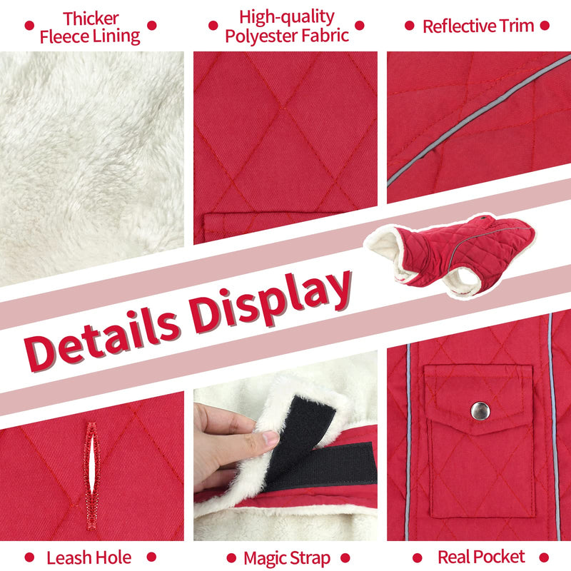 Malier Dog Winter Coat, Windproof Dog Cold Weather Coats with Real Pocket, Winter Dog Extra Warm Coat Dog Fleece Jacket Reflective Dog Clothes for Small Medium Large Dogs and Puppy (Red, X-Large) Red - BeesActive Australia