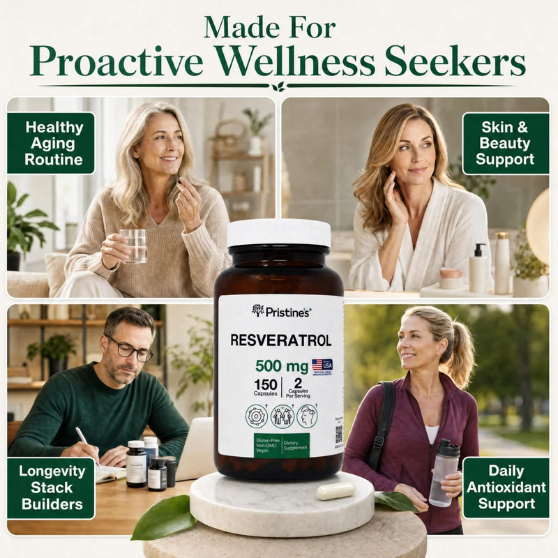 PRISTINE'S Resveratrol 500mg Capsules, 98% Trans-Resveratrol, 150 Count | Healthy aging and antioxidant support from 98% trans-resveratrol. 75 day supply, vegan, non-GMO, gluten-free glass bottle