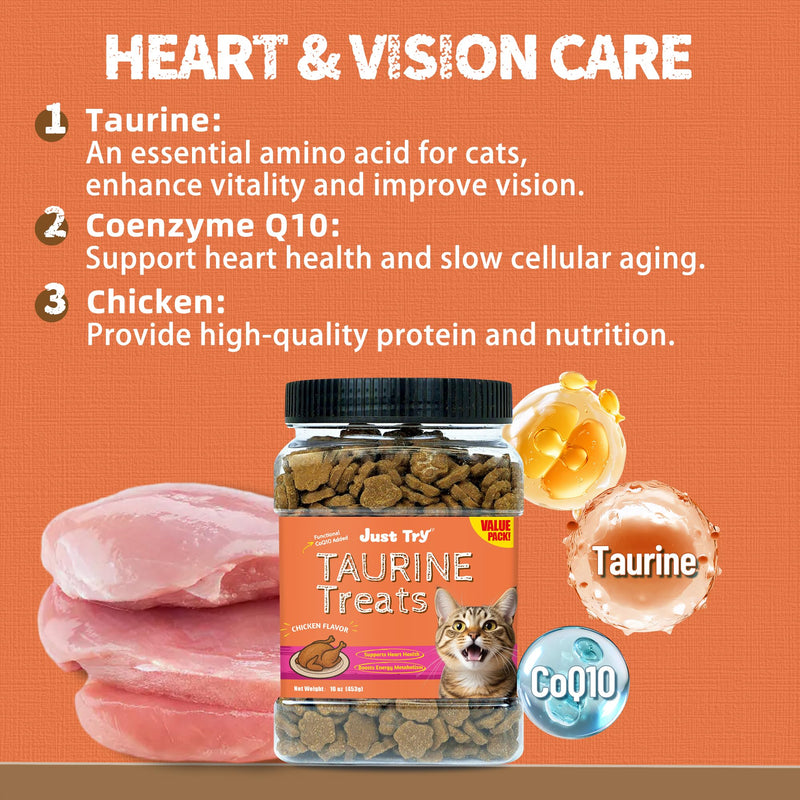 Just Try 23 in 1 Taurine for Cats Vitamins Treats +16 OZ Taurine Treats with Coenzyme Q10 for Cats to Immune, Joint Support Skin