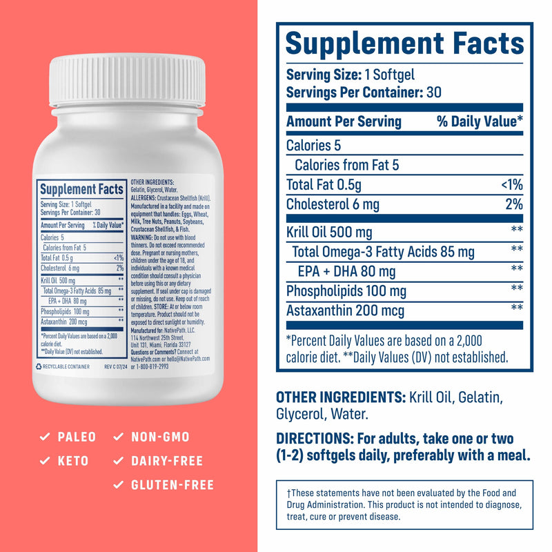 NativePath Wild-Caught Antarctic Krill Oil 500mg - Premium Astaxanthin 200mcg Phospholipid-Bound Omega-3 EPA DHA - Pure Formula GMP Certified Third Party Tested - 30 Softgels | Wild-Caught, Astaxanthin, EPA & DHA Phospholipid-Bound, Supports Circulator...