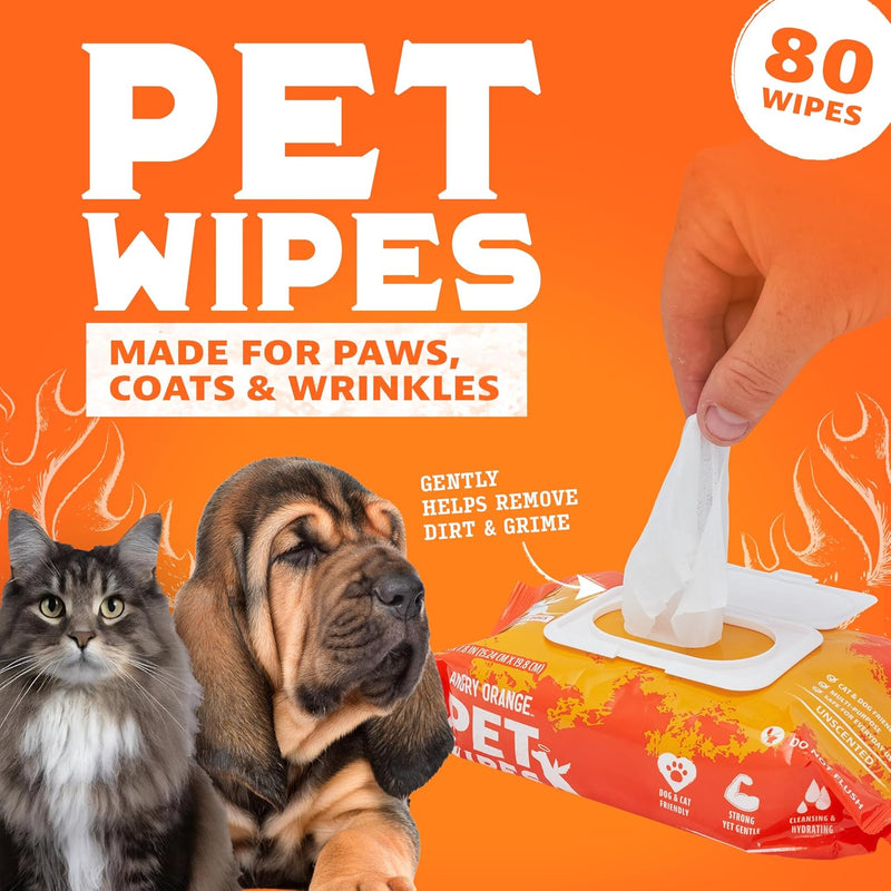 ANGRY ORANGE Pet Wipes for Dogs and Cats - Unscented and Gentle - 80 Count - 1 Pack - BeesActive Australia