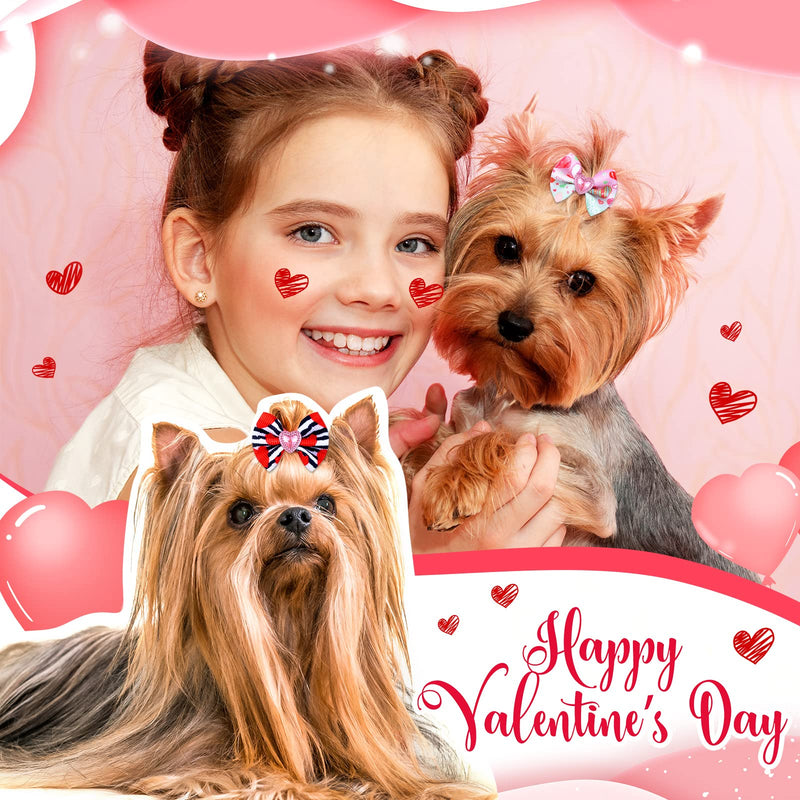Tondiamo 100 Pack Valentine's Day Dog Hair Bows with Rubber Bands Valentine's Day Puppy Bows Rhinestone Pet Hair Accessories Dog Bows Grooming for Small Girl Dogs (Heart Pattern) Heart Pattern - BeesActive Australia
