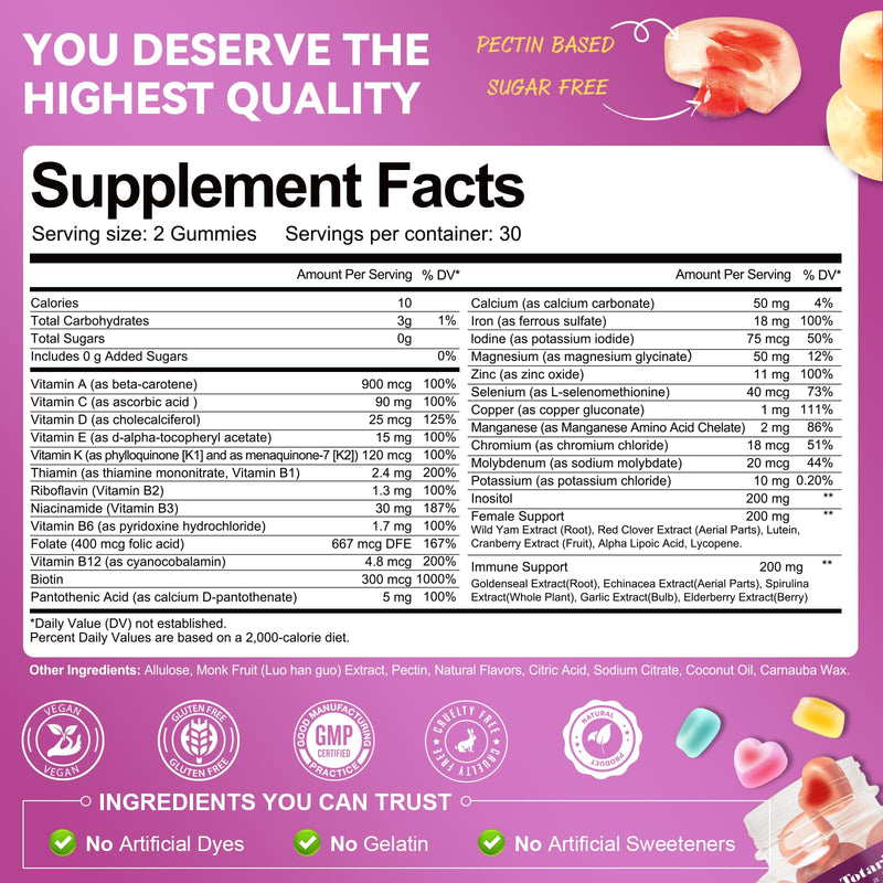 Totaria Sugar Free Womens Multivitamin Gummies with Iron, Women's Multivitamin w/Vitamins C, D3 K2, B12, B6, Filled Gummies for Daily Nutritional Support| Immune Support| Skin Health, Mixed Flavors 60 Count (Pack of 1)