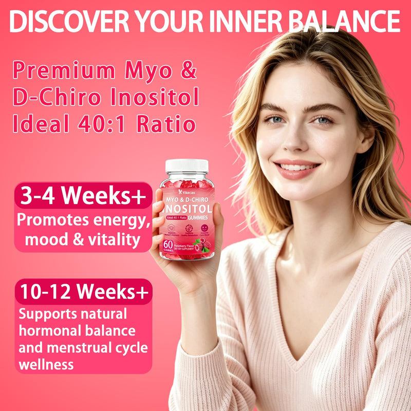 Myo-Inositol & D-Chiro Inositol Gummies, Raspberry Flavor | 40:1 Ratio – with Vitamin D3, Magnesium Glycinate for Female Hormonal Balance, Ovarian Health & Wellness, 60 Count 60 Count (Pack of 1)