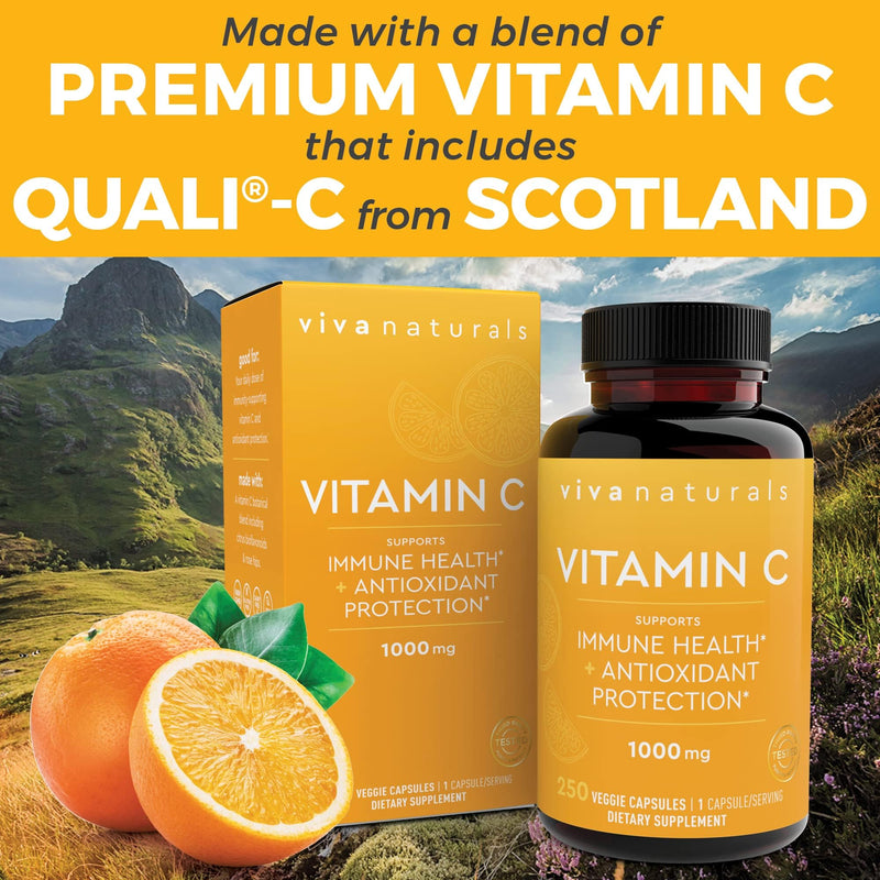 Viva Naturals Vitamin C, 1000 mg, 250 Vegetarian Capsules – with Citrus Bioflavonoids & Rose HIPS, Non-GMO for Immune Support & Antioxidant Protection 250 Count (Pack of 1)