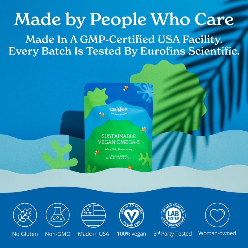 Calgee Algae Omega 3 Supplement, 450mg DHA & EPA, Carrageenan-Free & Sorbitol-Free, Vegan Softgels, Third-Party Tested, Plant-Based Fish Oil Alternative, Non-GMO, 60 Count 60 Softgels