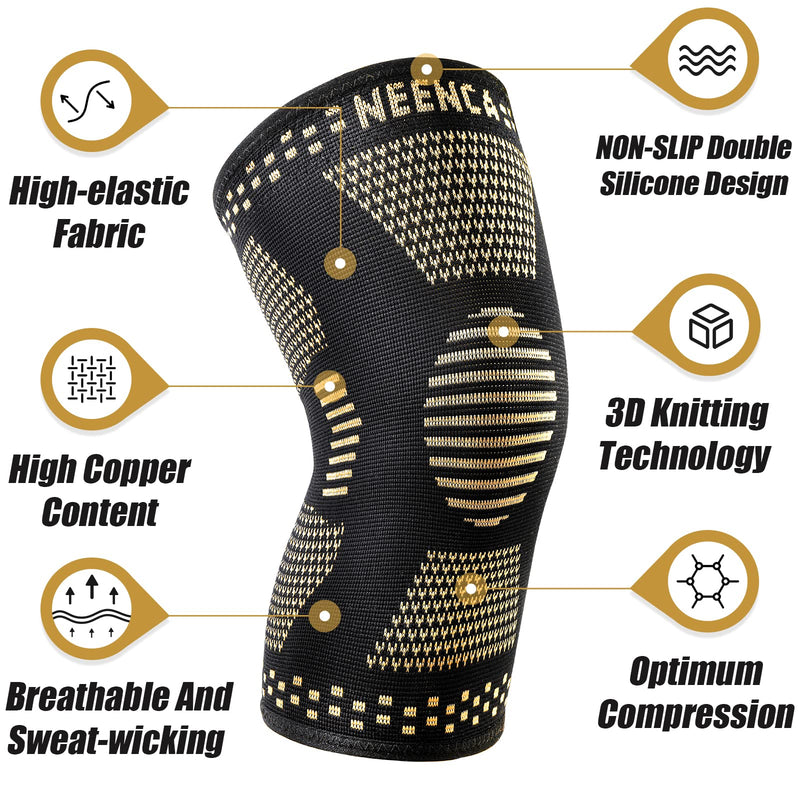 NEENCA Copper Knee Braces for Knee Pain Relief - 2 Pack Knee Sleeves Set, Knee Compression Sleeves with Copper Ions Infused Fiber for Sports, Workout, Arthritis, Meniscus Tear- FSA/HSA Eligible Medium