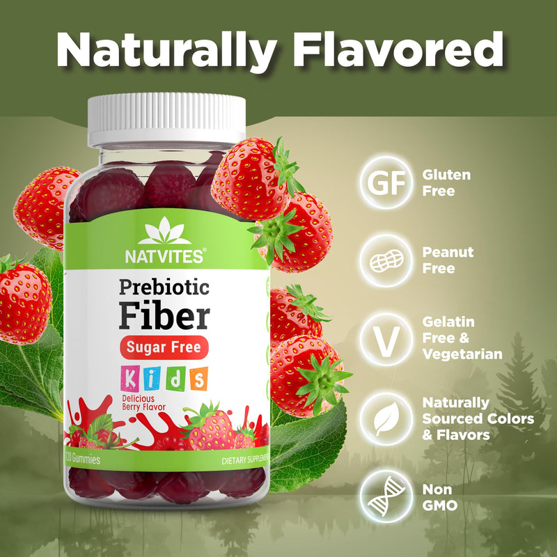 Prebiotic Kids Fiber Gummies, for Children Ages 2 & Up - Sugar Free Vegetarian Gelatin Free Non-GMO, Kids Fiber Supplements for Digestive Health (120 Count)