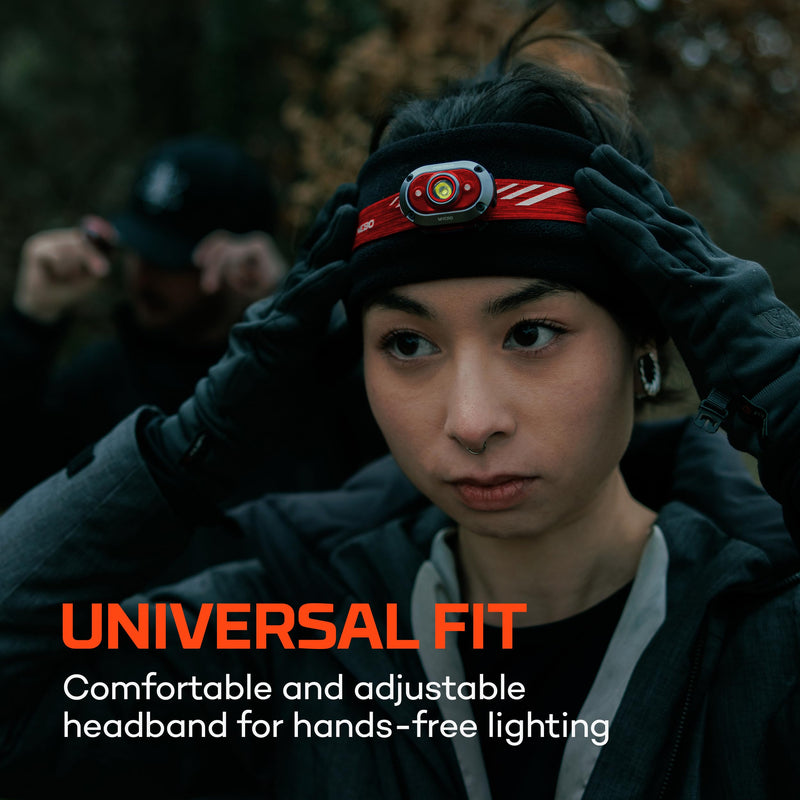 NEBO MYCRO 450 Rechargeable Headlamp | 450 Lumens, 6 Light Modes, Water Resistant, Detachable Hat Clip, Super Bright Head Lamp for Camping & Hiking, Includes USB Charging Cable — Red