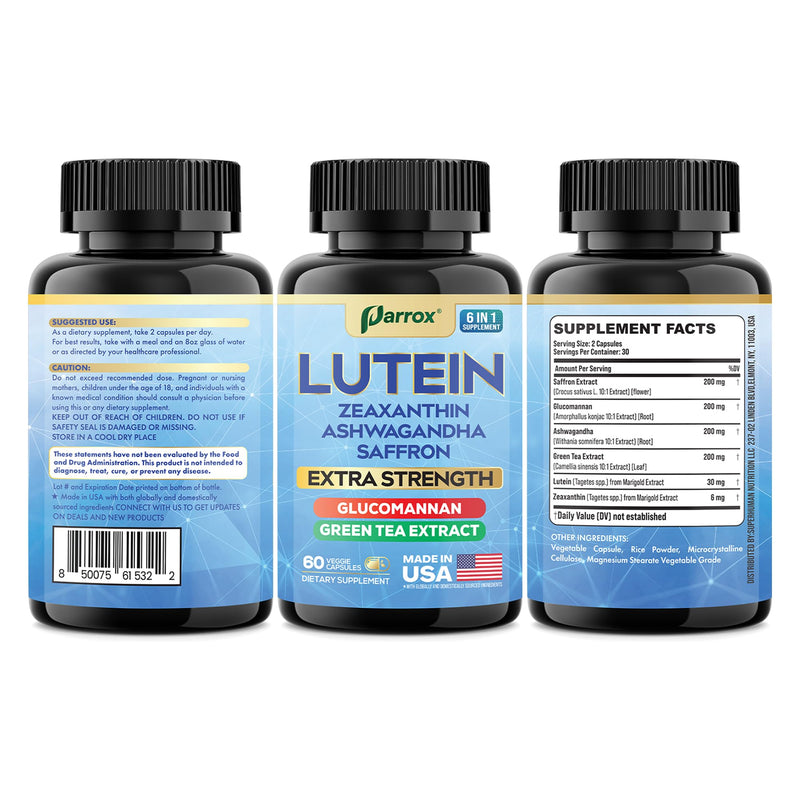 Lutein & Zeaxanthin Eye Vitamins for Adults, Vision Support, 60 Capsules | Vision Health Support with Ashwagandha, Saffron, Green Tea Extract & Glucomannan, Plant-Based Formula 60 Count (Pack of 1)