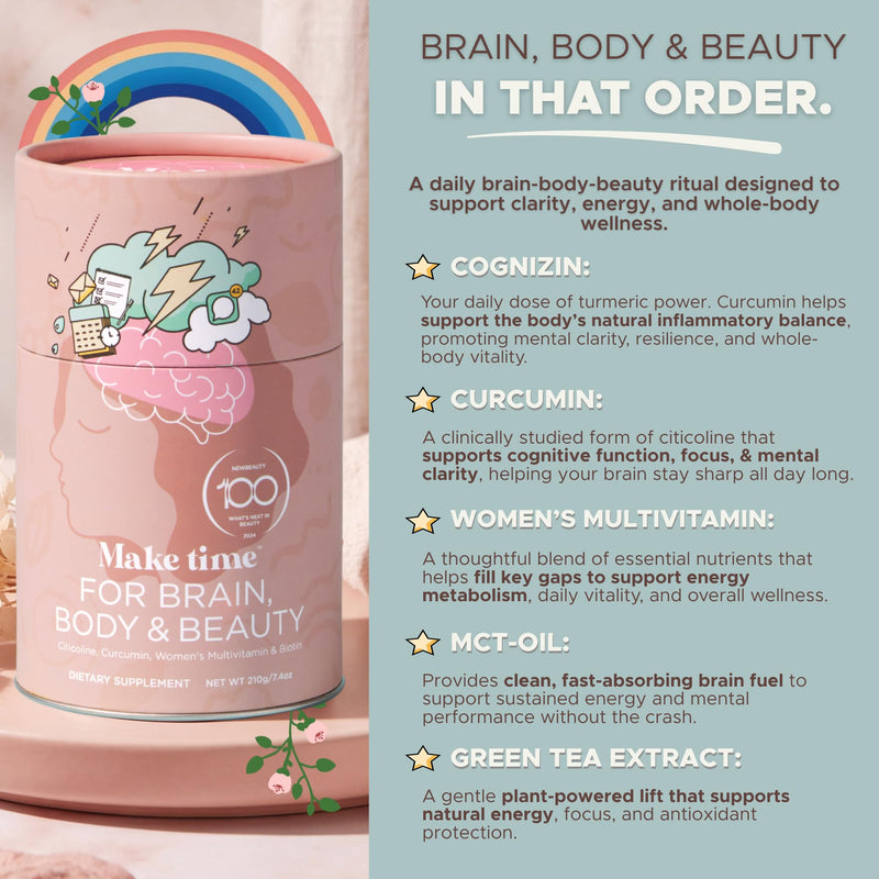MAKE TIME Brain Health Powder Supplement for Women for Mood, Focus & Energy Boost | Cognizin, Biotin, Vitamin B6, B12, MCTs, Acetyl-L-carnitine, and Curcumin 7.4 oz (30 Servings)