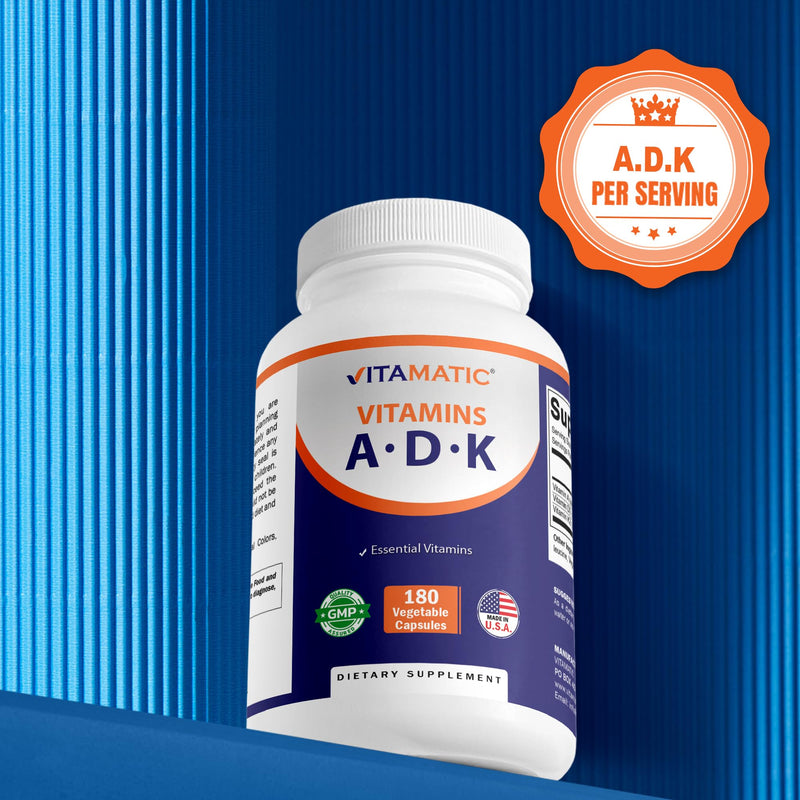 Vitamatic ADK Vitamin Supplement, 180 Veg Capsules, High Potency Vitamins A, D3, K2 for Bone Health, Calcium Absorption, Non-GMO, Gluten Free - 2 Pack