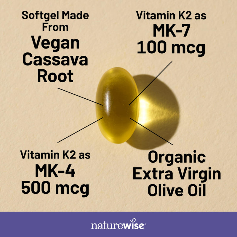 NatureWise Vitamin K2 600mcg Supplement with MK-7 100mcg & MK-4 500mcg - Enhanced Bioavailable Formula - K Complex for Bone and Heart Health - Vegan, Gluten Free, Non-GMO -180 Softgels[6-Month Supply] 180 Count (Pack of 1)