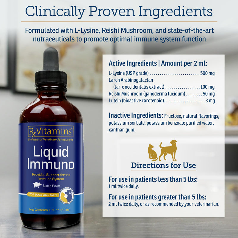 Rx Vitamins Liquid Immuno - with L-Lysine for Cats and Dog Health - Reishi Mushroom Supplement for Dogs & Cat Immune Support - Vitamins and Eye Supplements with Lutein - Bacon (2oz) New Label