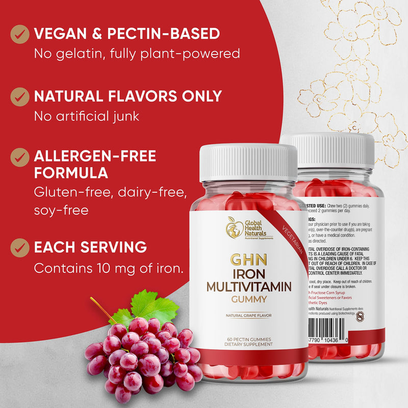Vegan Women’s Multivitamin Gummies with Iron – Adult Gummy Multivitamins for Daily Energy & Wellness – Natural Grape Flavor – Non-GMO, Gelatin-Free, Gluten-Free – 30 Day Supply