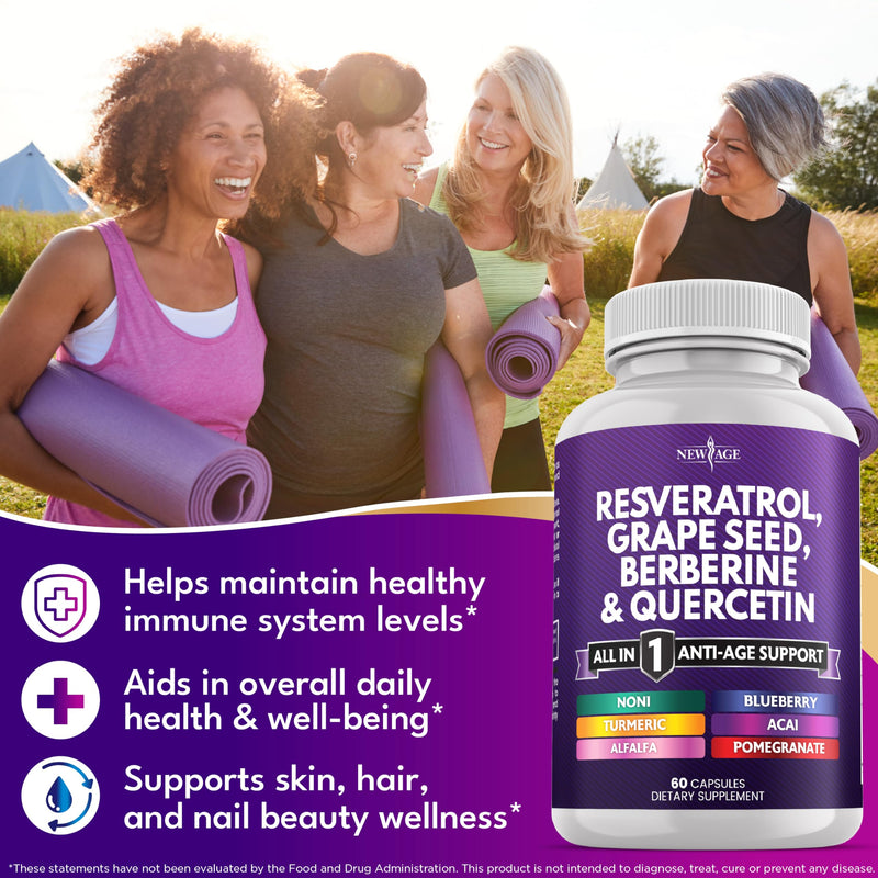 NEW AGE Resveratrol, Berberine, Grape Seed Extract, Quercetin, Polyphenol Supplement for Women and Men with Noni, N-Acetyl Cysteine, Acai - 180 Capsules 180 Count (Pack of 1)