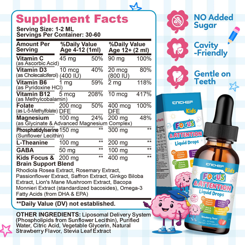 Kids Focus and Attention Supplements with Phosphatidylserine, L-Theanine, Omega-3, Ginkgo Biloba, Kids Multivitamin Liquid Drops, Supports Cognitive, Memory, Calm & Mood, Strawberry, 2 Fl Oz 2 Fl Oz (Pack of 1)