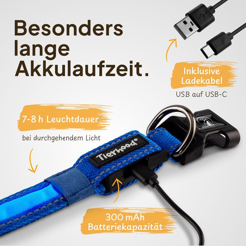 Tierhood Luminous Dog Collar - Luminous Collar for Small and Large Dogs - LED Dog Collar Rechargeable - Durable, Weatherproof & Comfortable - Ideal for Night Walks - Blue, Size M - BeesActive Australia