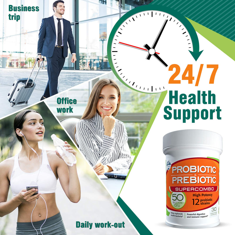 50 Billion CFU Prebiotic and Probiotic Supplement for Women and Men, 12 Strains for Daily Immune Support and Digestive Health, 30 Veggie Capsules, Non Refrigerated High Potency Probiotics