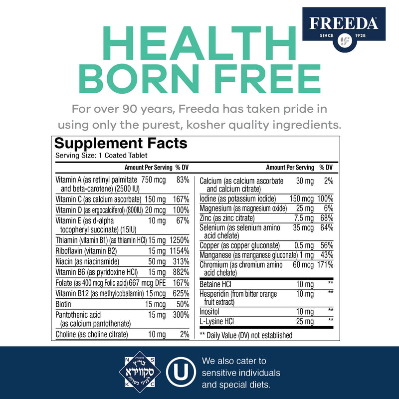 FREEDA Senior Multivitamin Tablets for Adults 60+ - 250 Count | Kosher Senior Multivitamin with Essential Vitamins and Minerals - Featuring One Daily Coated Tablet for Easy Use 250 Count (Pack of 1)