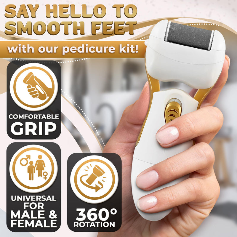 Electric Callus Remover for Feet – Electric Foot Filer with 3 Replacement Rollers & 360° Rotating Head – Hard Skin Remover for Feet with Ergonomic Handle for Easy Grip & Control in Home Pedicure Gold Callus Remover - BeesActive Australia