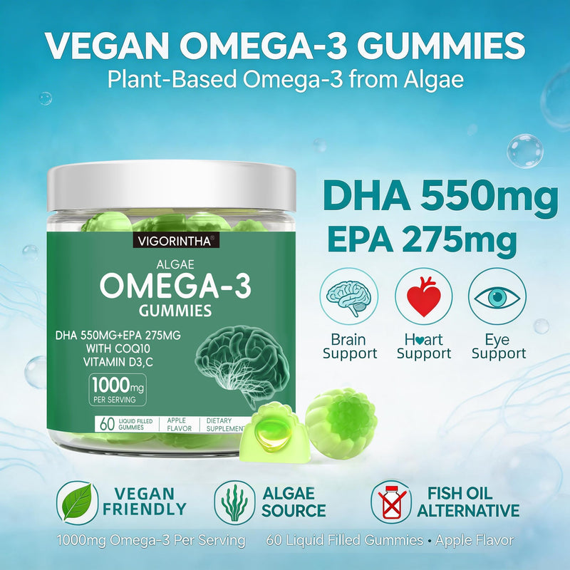 Vegan Omega-3 Algae Oil Supplement with DHA 300mg & EPA 150mg, Plant-Based Omega-3 with Vitamin D3 & K2, Fish-Free Algal Oil Softgels for Men & Women, 2 Pack, 120 Softgels, 60 Day Supply 60 Count (Pack of 2)