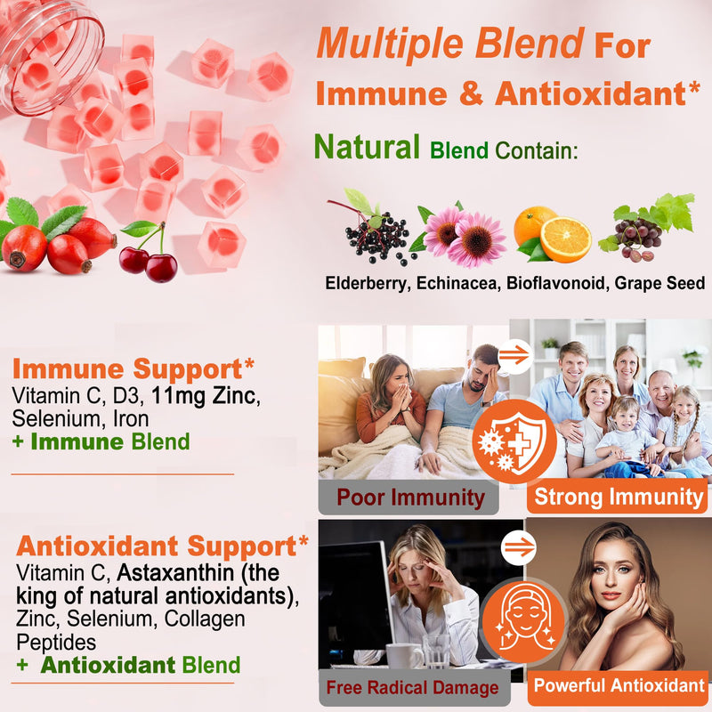 Natural Liposomal Vitamin C 1000mg Gummies for Adults & Kids 9+, Chewable Vitamin C w/ 11mg Zinc, D3, Elderberry, Echinacea, , Bioflavonoid, Immune Support, Whole Food VIT C from Fruits, Sugar Free 60 Count (Pack of 1)