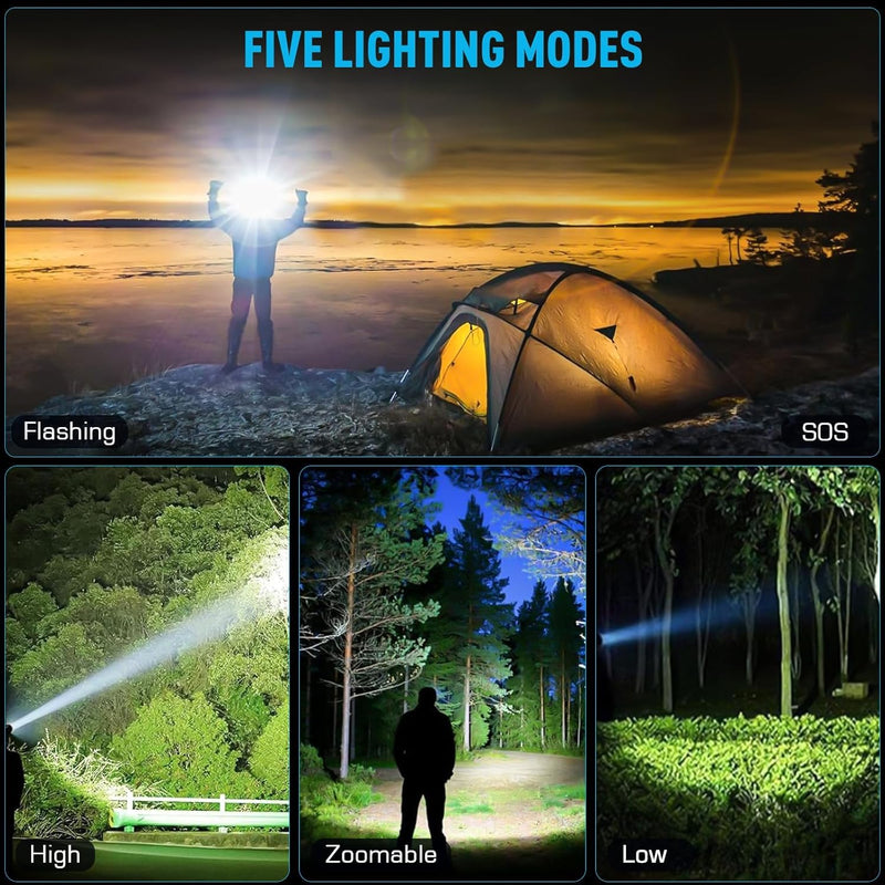 Headlamp 5000 LUMENS LED Rechargeable Head Lamps, Zoomable Headlight with 5 Modes & IPX7 Waterproof, 120° Adjustable Head Lights for Forehead for Outdoor, Camping, Hard Hat, Hunting,Fathers Day Gift - BeesActive Australia