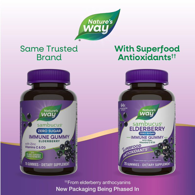 Nature's Way Sambucus Zero Sugar Immune Gummies, Daily Immune Support*, Black Elderberry Extract, Vitamin C, Vitamin D3, Zinc, Sugar Free, Sugar Alcohol Free, Plant-Based Sweeteners, 70 Gummies All Family 70 Count (Pack of 1)